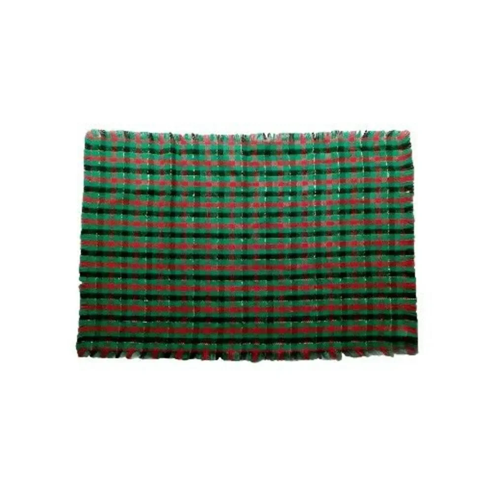 Christmas Napkins Plaid Cloth 6 Red Green Fringe Gold Metallic Sparkle Vintage